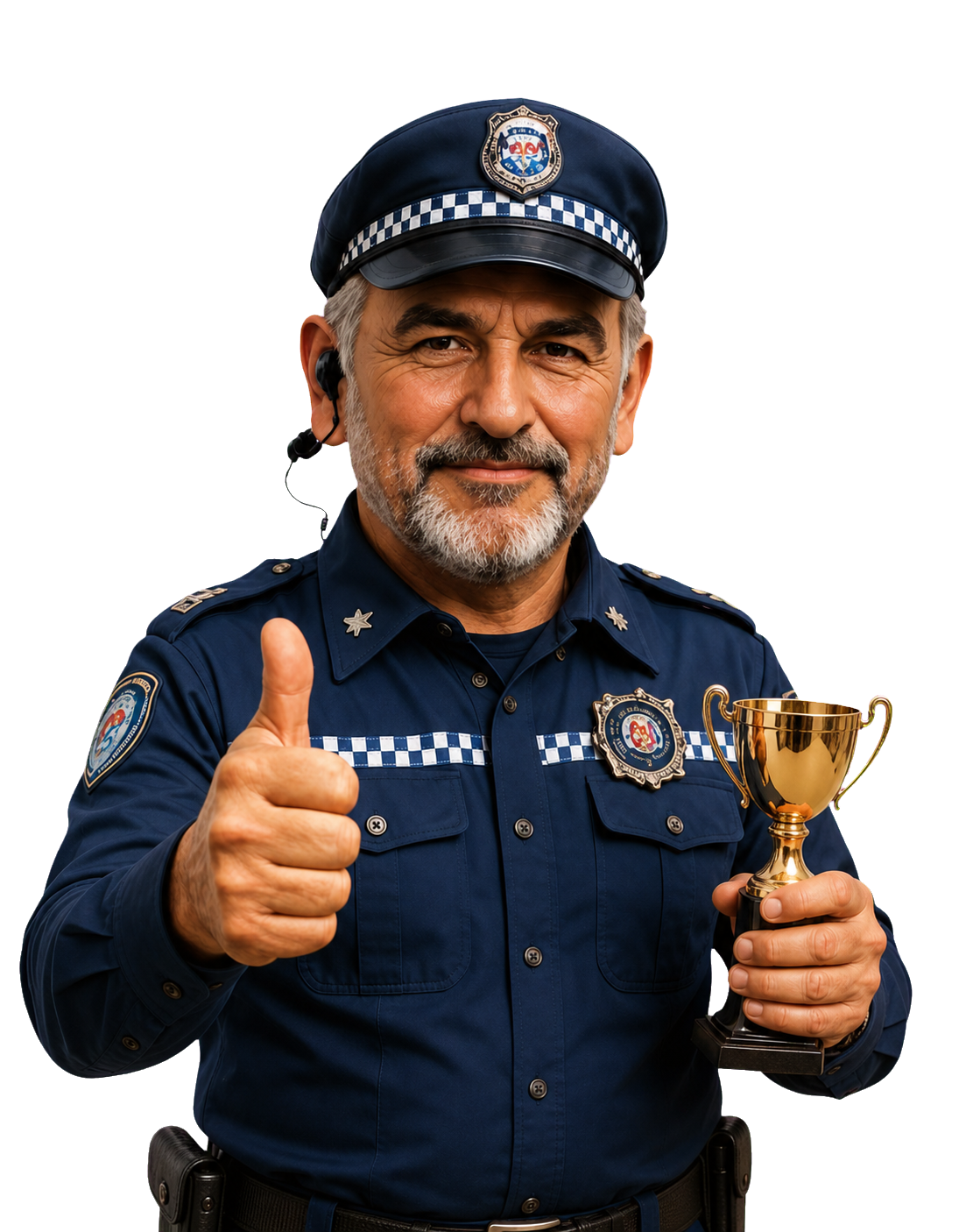 Coach Reuben holding a trophy and giving a thumbs-up