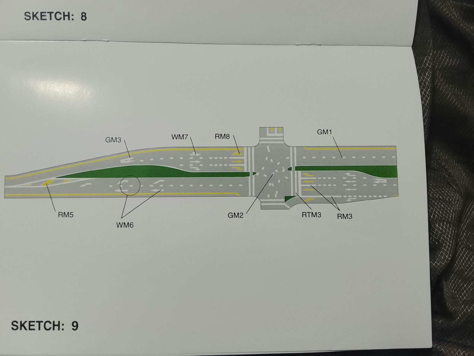 Complete upright road sketch with GM1 and all surrounding marking labels visible