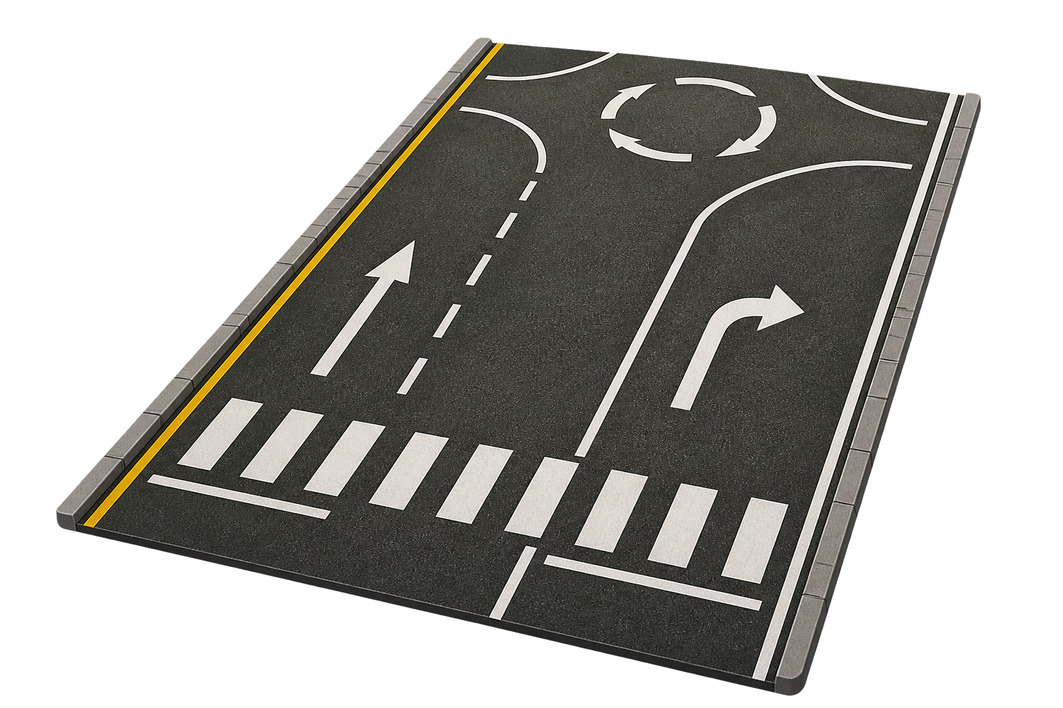 Road surface showing lane lines, arrows, a yellow shoulder line and pedestrian crossing