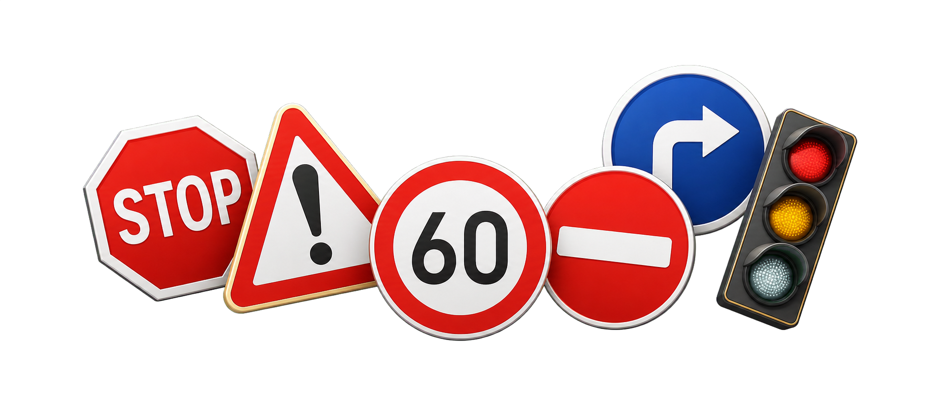 Stop, warning, speed limit, no-entry and direction signs with a traffic signal